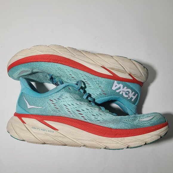 Hoka One One Clifton 8 Women's Aqua Blue/Red/White Shoes Size 8.5 B - Picture 4 of 9